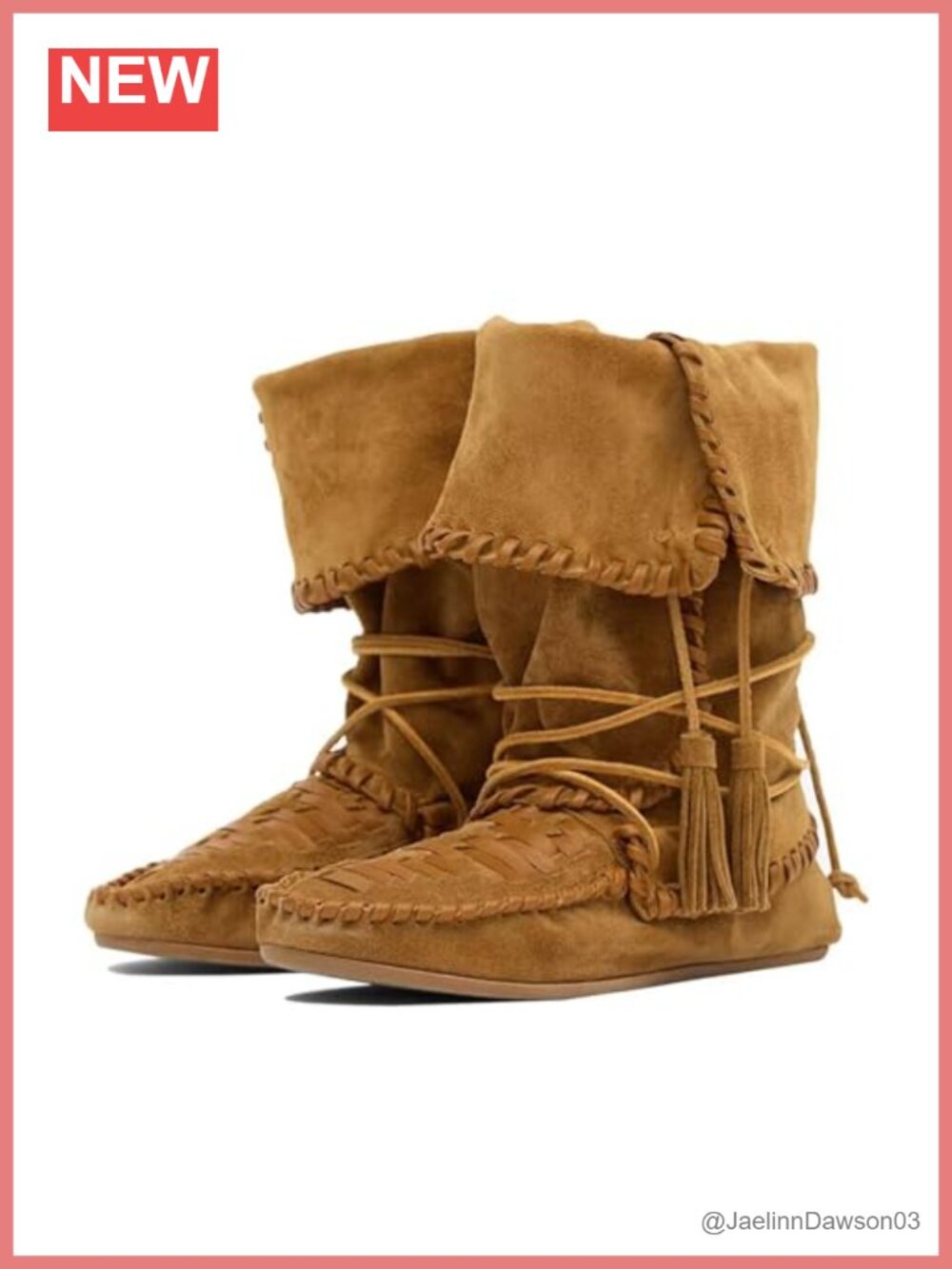 Faux Suede Fold Over Boots Woven Fringe Slouchy Mid Calf Western Cowboy Boot